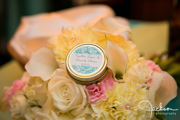 wedding favor tin on bridal bouquet