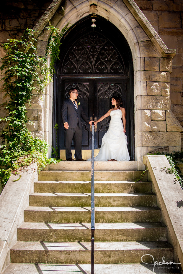 bride and groom on church steps