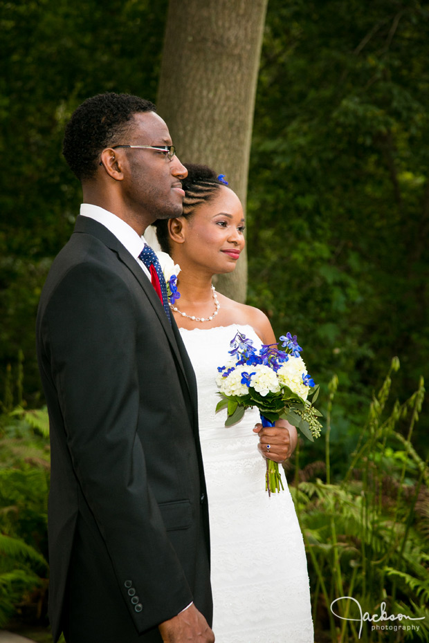 bride and groom at outside altar