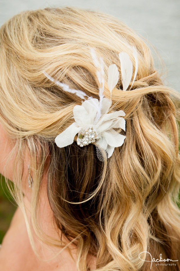 flower pin in brides hair
