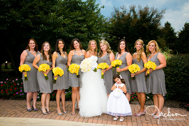 bride and bridesmaids in grey and yellow