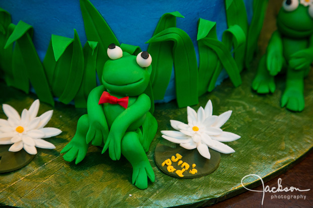 detail of green frog cake