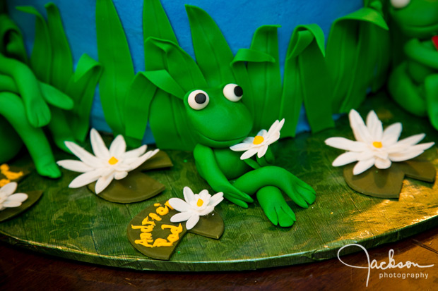 detail of green frog cake