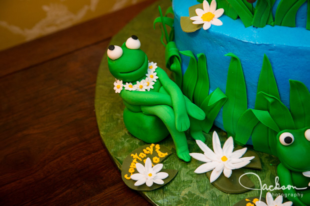 detail of green frog cake