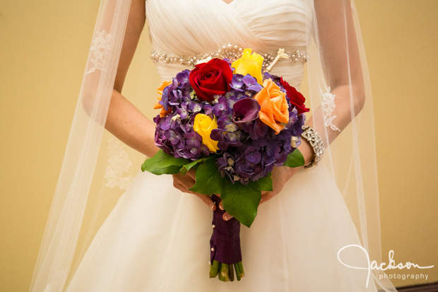 purple red yellow orange bridal bouquet