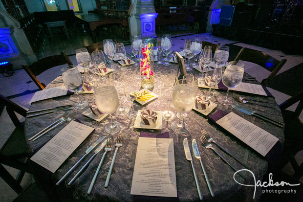 silver and purple reception table