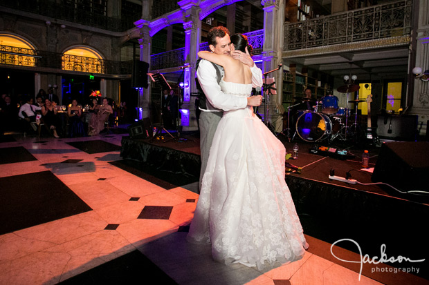 bride and groom embracing on dancefloor