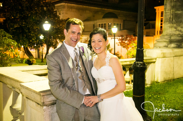 bride and groom mount vernon square at night