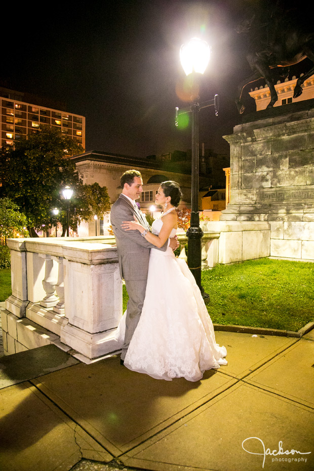 bride and groom mount vernon square at night