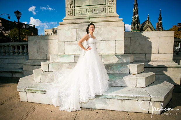 bride in front of lafayette sculpture