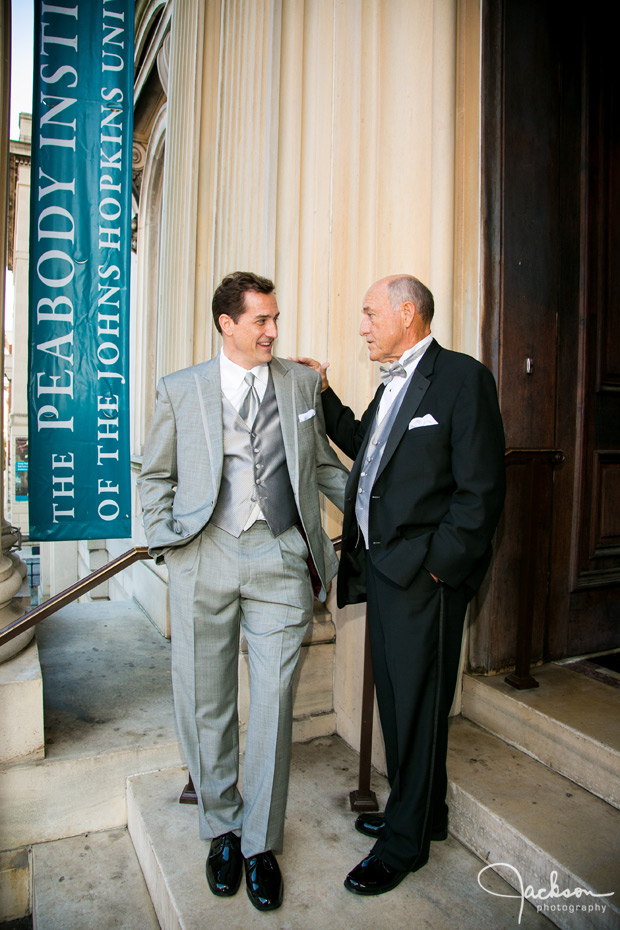 groom and father on steps of peabody