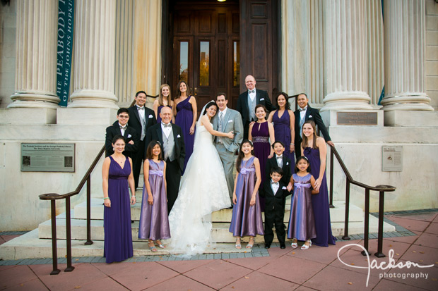 bridal party on the steps of the peabody