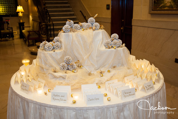 decorative wedding table in gold and white