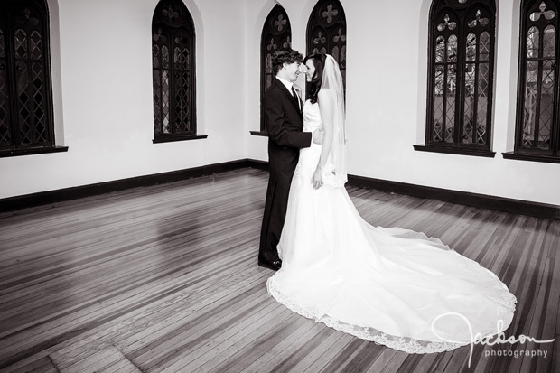 wide angle photograph of bride and groom at chase court