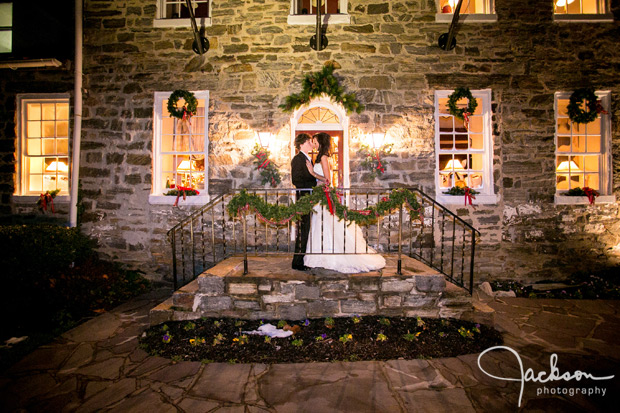 bride and groom outside of Milton Inn Christmas