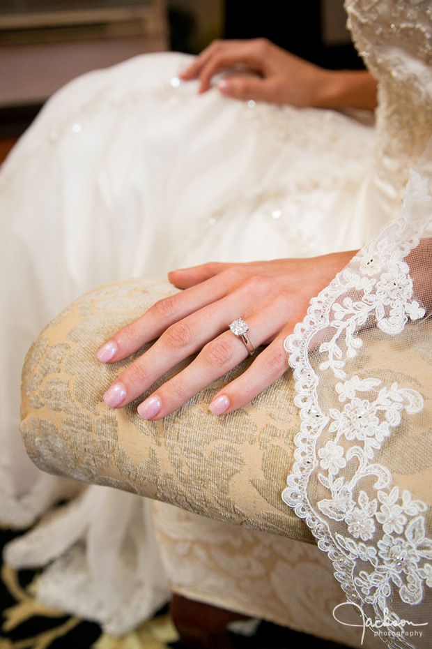 bride's hands with ring and veil
