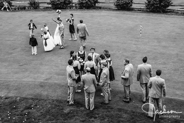 black and white overhead photo of bridal party