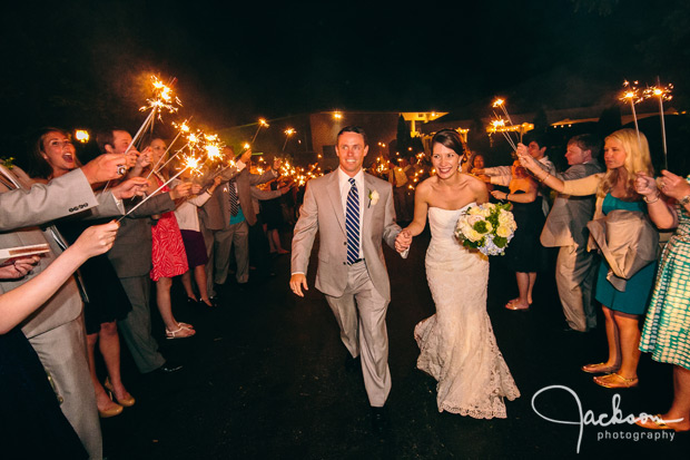 bride and groom leaving with sparklers